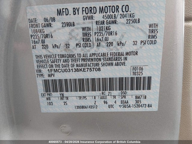 2008 Ford Escape Xlt მანქანა იყიდება აუქციონზე, vin: 1FMCU03138KE75708, აუქციონის ნომერი: 40065573