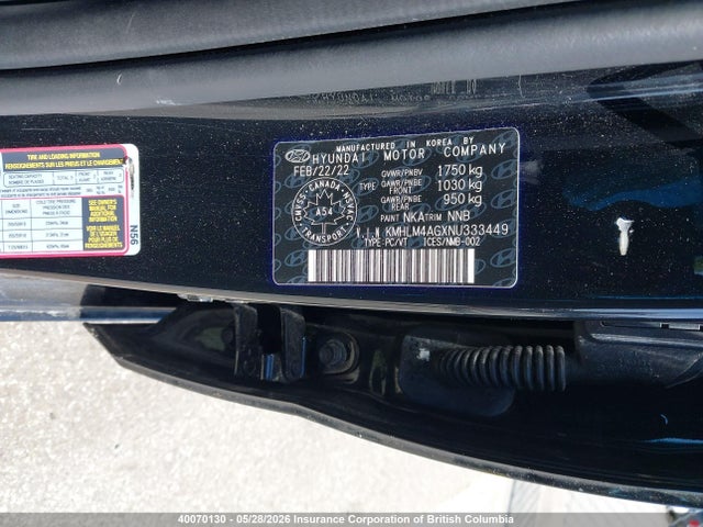 40070130 :رقم المزاد ، KMHLM4AGXNU333449 vin ، 2022 Hyundai Elantra Sel مزاد بيع