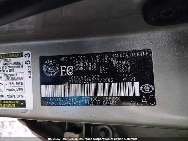 40064052 :رقم المزاد ، 2T1BR32E57C773085 vin ، 2007 Toyota Corolla Ce/le/s مزاد بيع