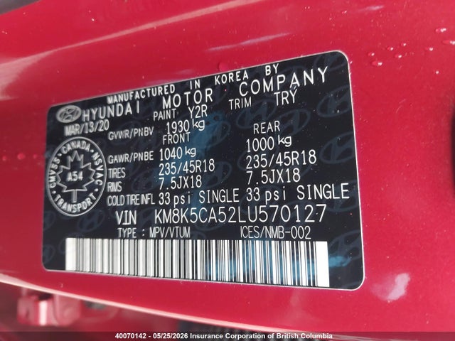 Продажа на аукционе авто 2020 Hyundai Kona, vin: KM8K5CA52LU570127, номер лота: 40070142