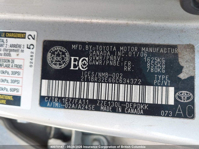 40070147 :رقم المزاد ، 2T1BR32E66C634372 vin ، 2006 Toyota Corolla Ce/le/s مزاد بيع
