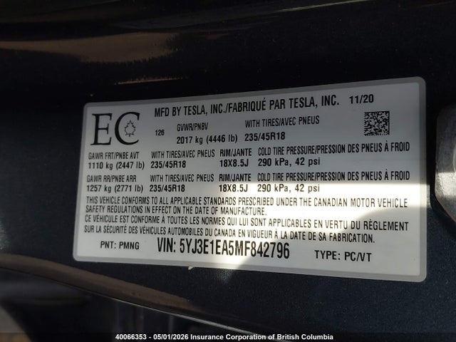 Продаж на аукціоні авто 2021 Tesla Model 3, vin: 5YJ3E1EA5MF842796, номер лоту: 40066353