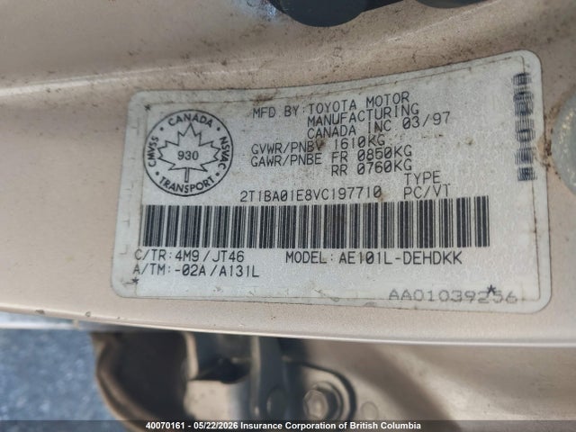 Aukcja sprzedaży 1997 Toyota Corolla, vin: 2T1BA01E8VC197710, numer aukcji: 40070161