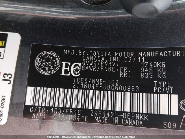 40065794 :رقم المزاد ، 2T1BU4EE6BC600863 vin ، 2011 Toyota Corolla S/le مزاد بيع