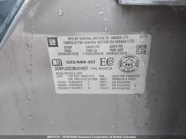 Продаж на аукціоні авто 2011 Chevrolet Equinox 1lt, vin: 2CNFLEEC0B6474957, номер лоту: 40070174