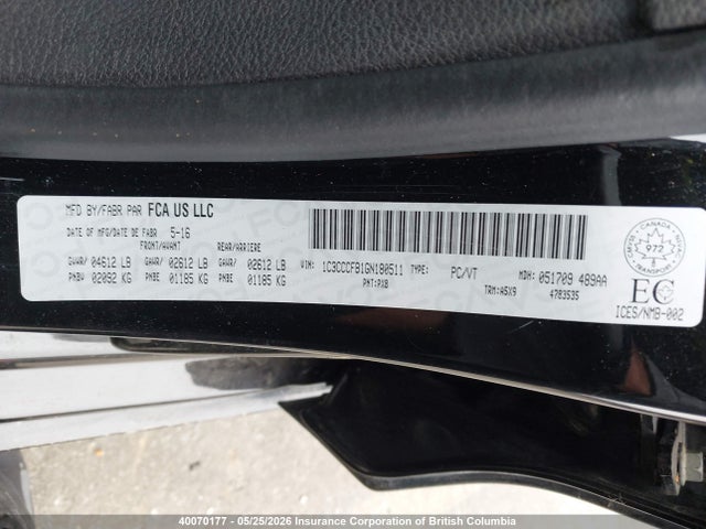 Aukcja sprzedaży 2016 Chrysler 200, vin: 1C3CCCFB1GN180511, numer aukcji: 40070177