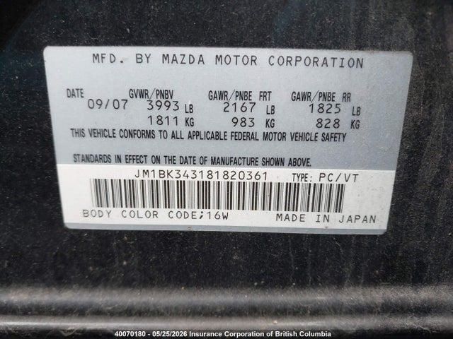 Aukcja sprzedaży 2008 Mazda Mazda3 Gs/gt, vin: JM1BK343181820361, numer aukcji: 40070180