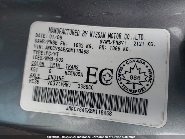 40070185 :رقم المزاد ، JNKCV64EX8M118468 vin ، 2008 Infiniti G37 مزاد بيع