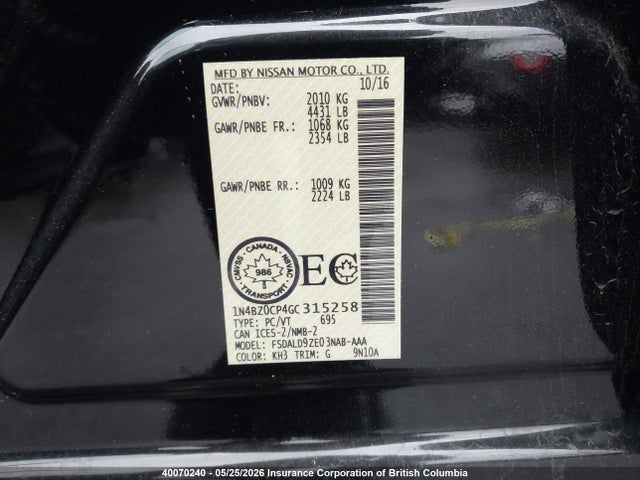 1N4BZ0CP4GC315258 Nissan Leaf