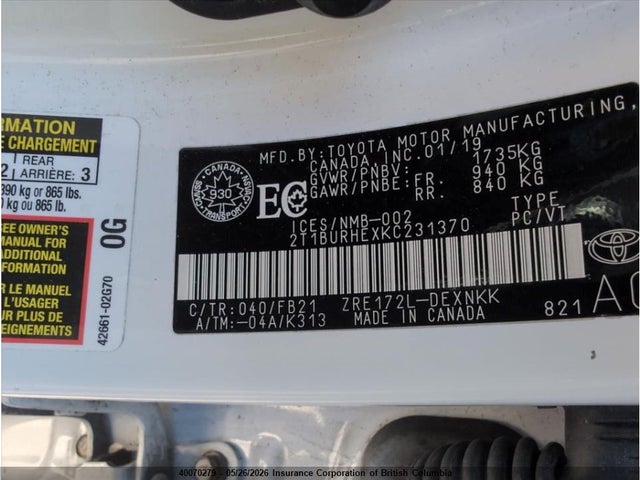 Продаж на аукціоні авто 2019 Toyota Corolla L/le/xle/se/xse, vin: 2T1BURHEXKC231370, номер лоту: 40070279