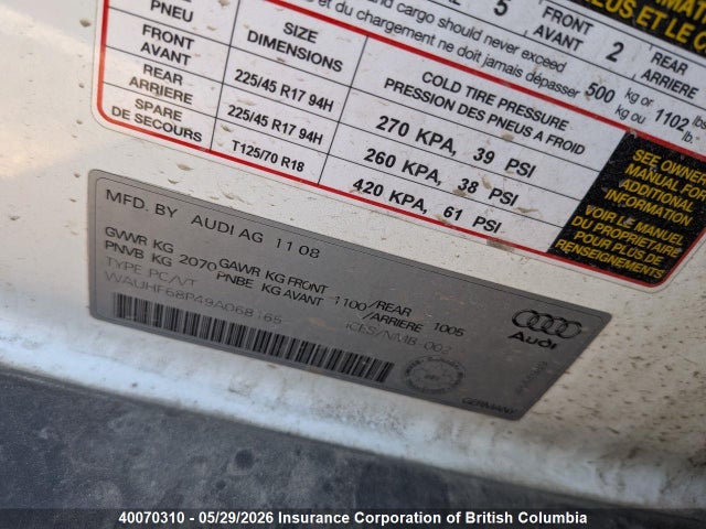 40070310 :رقم المزاد ، WAUHF68P49A068165 vin ، 2009 Audi A3 مزاد بيع