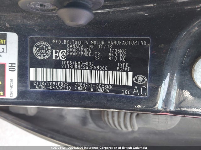 2T1BURHE9GC658966 Toyota Corolla L/le/le Pls/prm/s/s Pls