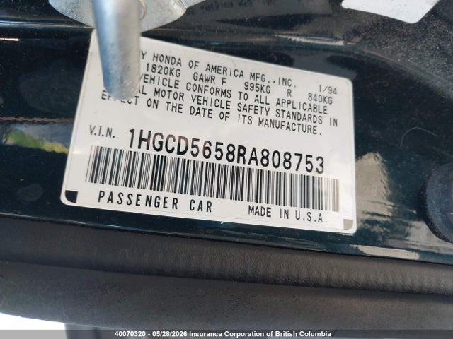 1994 Honda Accord Ex/ex-r მანქანა იყიდება აუქციონზე, vin: 1HGCD5658RA808753, აუქციონის ნომერი: 40070320