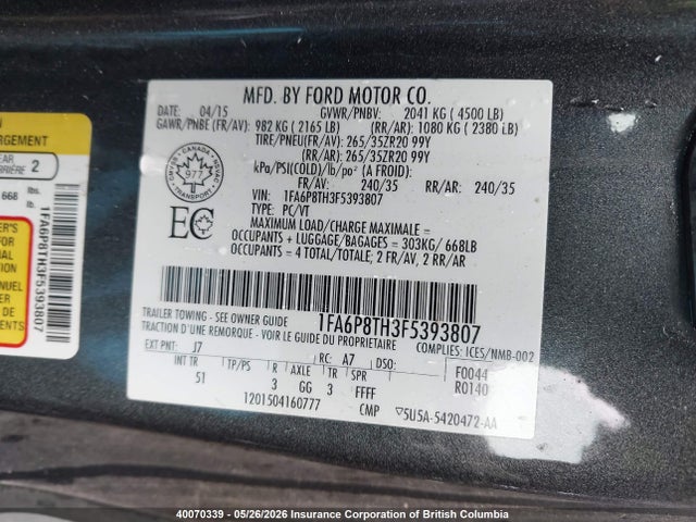 Продажа на аукционе авто 2015 Ford Mustang, vin: 1FA6P8TH3F5393807, номер лота: 40070339