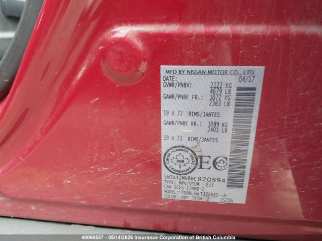 5N1AT2MV8HC820894 Nissan Rogue Sv/sl