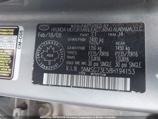 40070353 :رقم المزاد ، 5NMSG73E58H194153 vin ، 2008 Hyundai Santa Fe Gl مزاد بيع