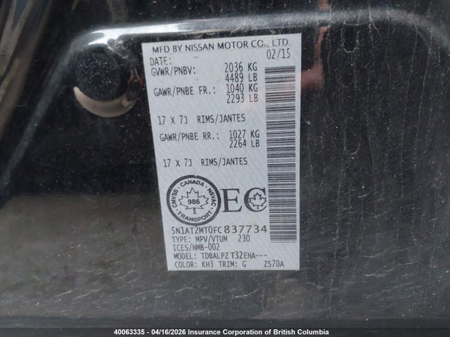 5N1AT2MT0FC837734 Nissan Rogue S/sl/sv