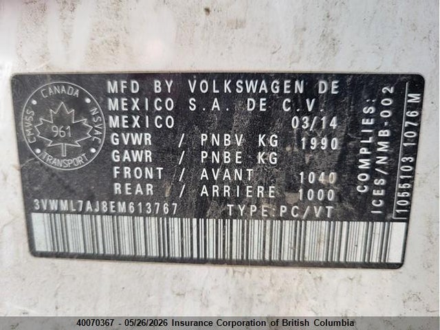 40070367 :رقم المزاد ، 3VWML7AJ8EM613767 vin ، 2014 Volkswagen Golf مزاد بيع