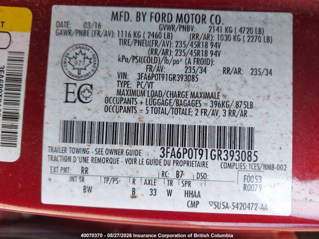 2016 Ford Fusion Se მანქანა იყიდება აუქციონზე, vin: 3FA6P0T91GR393085, აუქციონის ნომერი: 40070370