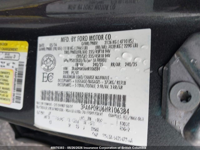Продажа на аукционе авто 2017 Ford Fusion Titanium Hev, vin: 3FA6P0RU6HR106384, номер лота: 40070383