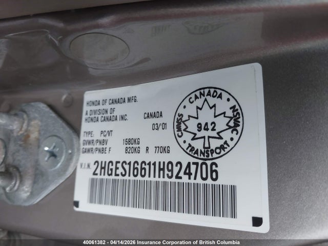 40061382 :رقم المزاد ، 2HGES16611H924706 vin ، 2001 Honda Civic Lx مزاد بيع