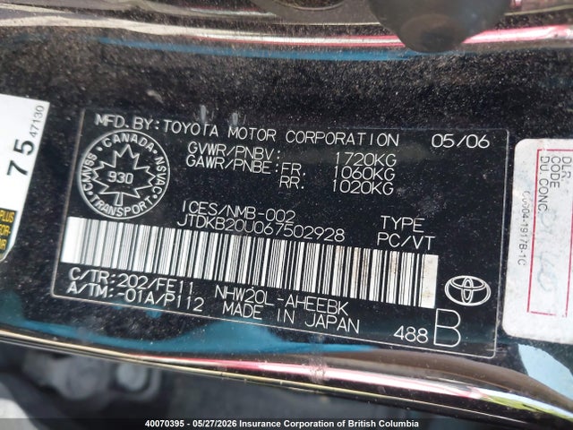 40070395 :رقم المزاد ، JTDKB20U067502928 vin ، 2006 Toyota Prius مزاد بيع