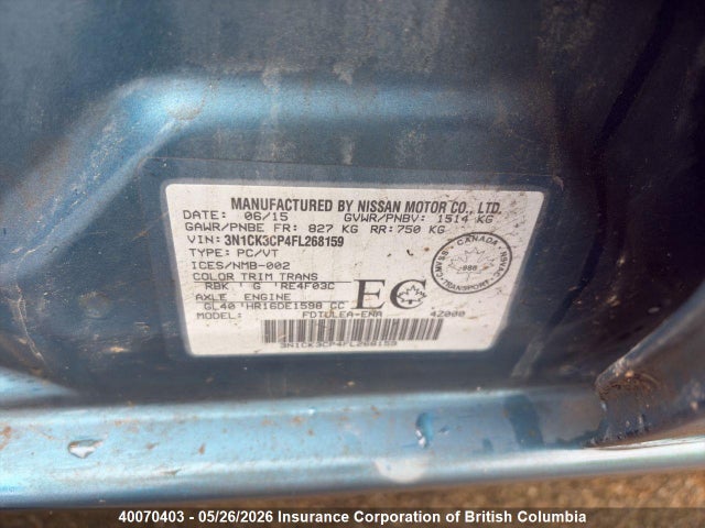 40070403 :رقم المزاد ، 3N1CK3CP4FL268159 vin ، 2015 Nissan Micra مزاد بيع