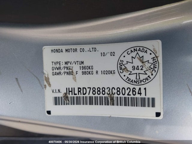 40070406 :رقم المزاد ، JHLRD78883C802641 vin ، 2003 Honda Cr-v مزاد بيع