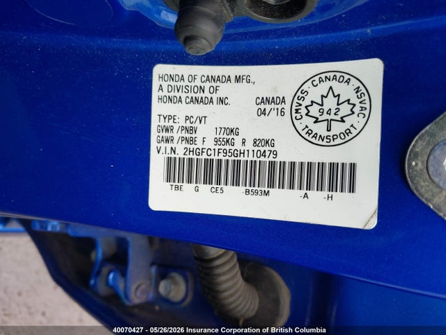 40070427 :رقم المزاد ، 2HGFC1F95GH110479 vin ، 2016 Honda Civic مزاد بيع