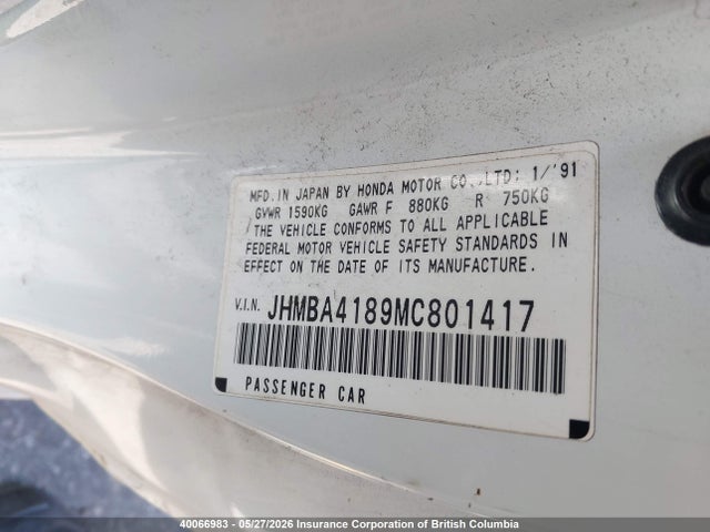40066983 :رقم المزاد ، JHMBA4189MC801417 vin ، 1991 Honda Prelude Se مزاد بيع
