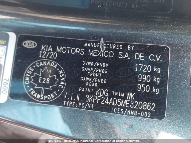 Aukcja sprzedaży 2021 Kia Forte, vin: 3KPF24AD5ME320862, numer aukcji: 40070443