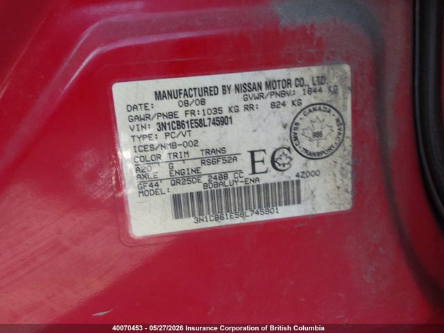 Aukcja sprzedaży 2008 Nissan Sentra Se-r Spec V, vin: 3N1CB61E58L745901, numer aukcji: 40070453
