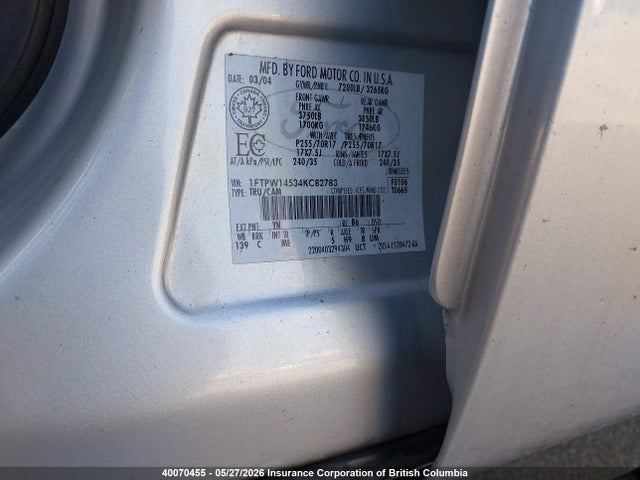 40070455 :رقم المزاد ، 1FTPW14534KC82783 vin ، 2004 Ford F150 مزاد بيع