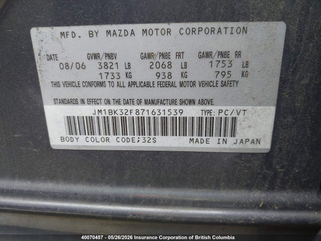 Aukcja sprzedaży 2007 Mazda Mazda3 Gs/gx, vin: JM1BK32F871631539, numer aukcji: 40070457