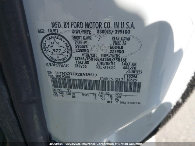 40060154 :رقم المزاد ، 1FTNX21FX2EA89517 vin ، 2002 Ford F250 Super Duty مزاد بيع