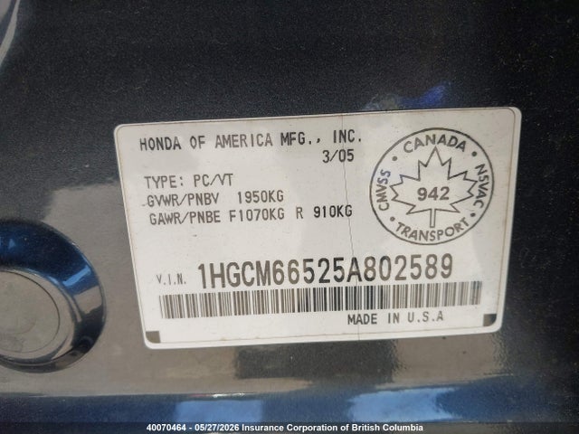40070464 :رقم المزاد ، 1HGCM66525A802589 vin ، 2005 Honda Accord Ex مزاد بيع