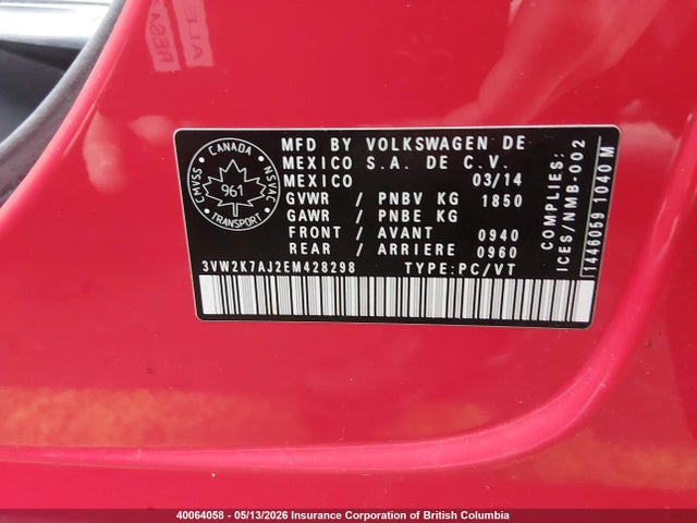 40064058 :رقم المزاد ، 3VW2K7AJ2EM428298 vin ، 2014 Volkswagen Jetta S مزاد بيع