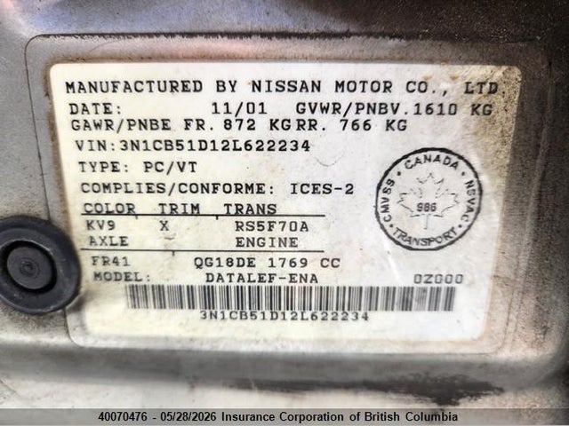 Auction sale of the 2002 Nissan Sentra Xe/gxe, vin: 3N1CB51D12L622234, lot number: 40070476