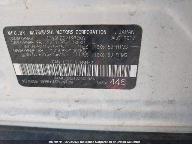 Продаж на аукціоні авто 2018 Mitsubishi Rvr, vin: JA4AJ3AU4JZ600984, номер лоту: 40070479