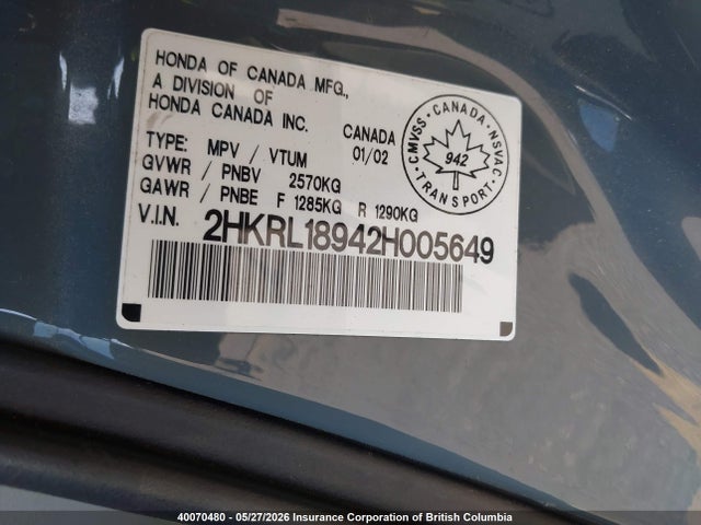 40070480 :رقم المزاد ، 2HKRL18942H005649 vin ، 2002 Honda Odyssey Exl مزاد بيع