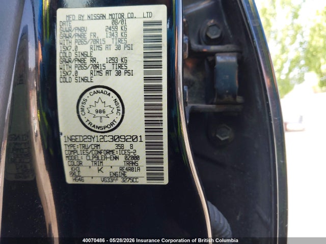 Продаж на аукціоні авто 2002 Nissan Frontier Crew Cab Xe/crew Cab Se, vin: 1N6ED29Y12C309201, номер лоту: 40070486