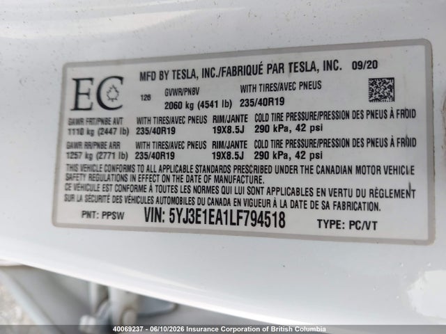 Продаж на аукціоні авто 2020 Tesla Model 3, vin: 5YJ3E1EA1LF794518, номер лоту: 40069237