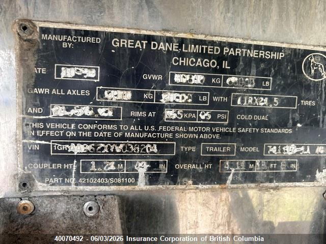Auction sale of the 2000 Great Dane Reefer Van Trailer, vin: 1GRAA962XYW038204, lot number: 40070492