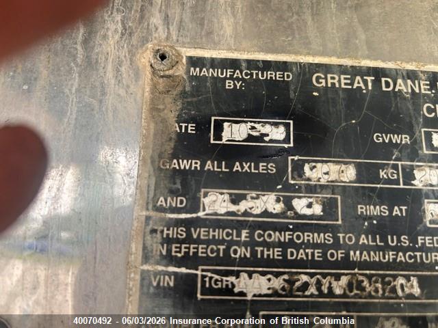 Auction sale of the 2000 Great Dane Reefer Van Trailer, vin: 1GRAA962XYW038204, lot number: 40070492