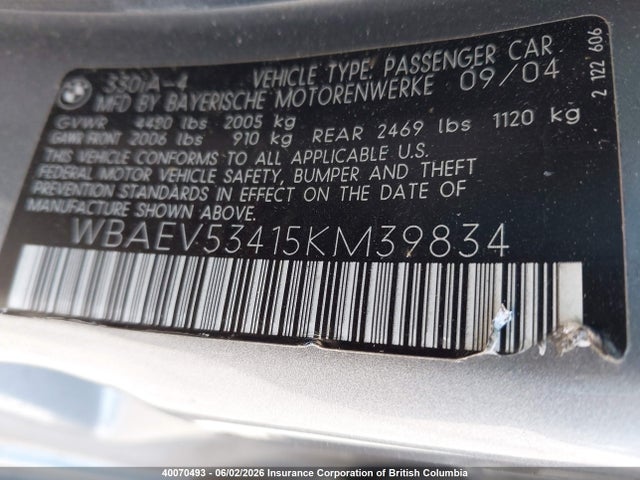 40070493 :رقم المزاد ، WBAEV53415KM39834 vin ، 2005 Bmw 330i مزاد بيع
