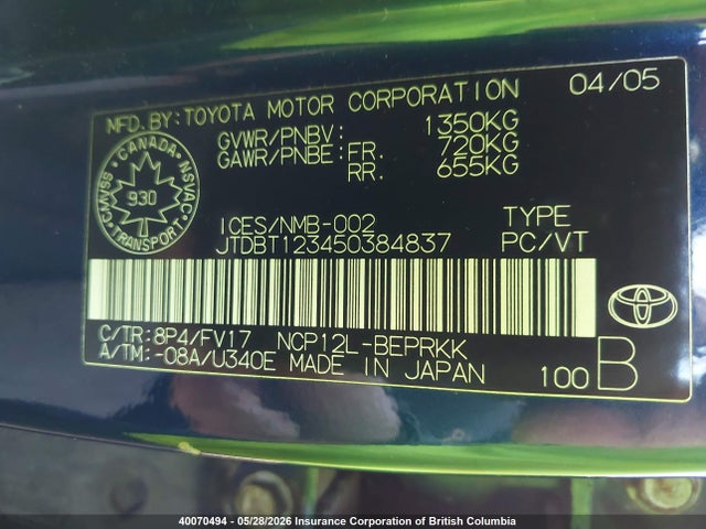 Aukcja sprzedaży 2005 Toyota Echo, vin: JTDBT123450384837, numer aukcji: 40070494