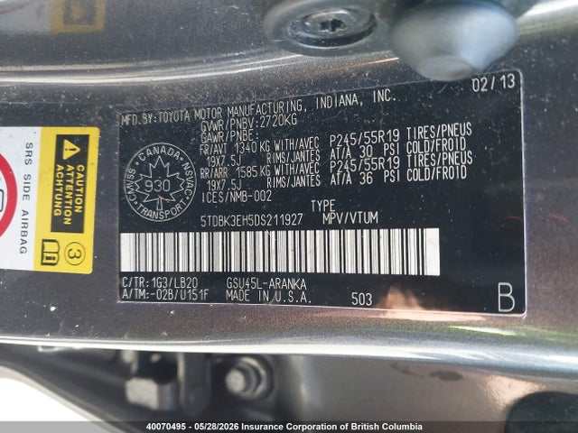 40070495 :رقم المزاد ، 5TDBK3EH5DS211927 vin ، 2013 Toyota Highlander Plus/se مزاد بيع