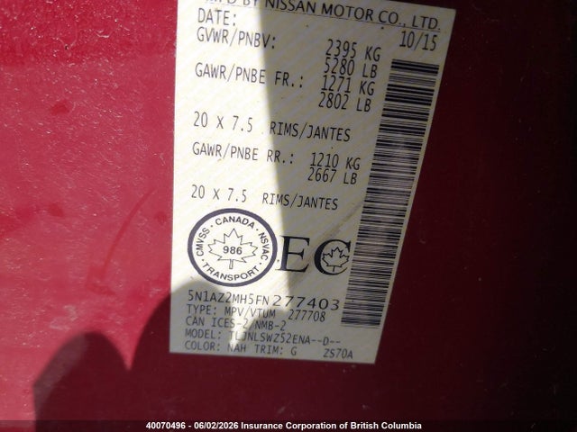 Продаж на аукціоні авто 2015 Nissan Murano S/sl/sv/platinum, vin: 5N1AZ2MH5FN277403, номер лоту: 40070496