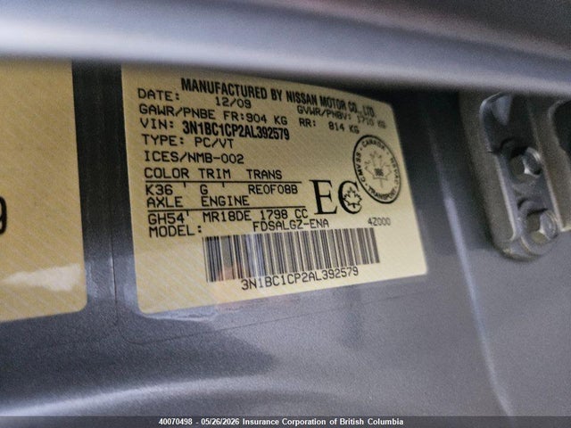 Aukcja sprzedaży 2010 Nissan Versa, vin: 3N1BC1CP2AL392579, numer aukcji: 40070498