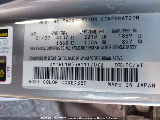 Aukcja sprzedaży 2010 Mazda 3 S, vin: JM1BL1H53A1117072, numer aukcji: 40070509